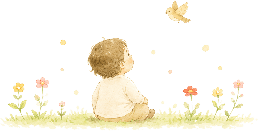 草原にいる子どもと小鳥の水彩画